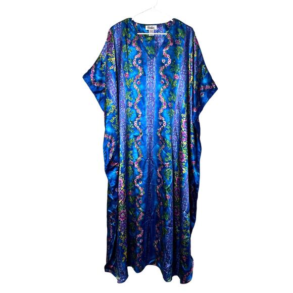 Winlar Dresses & Skirts - Winlar Blue Floral Satin Kaftan Dress One Size – Boho Lounge Caftan